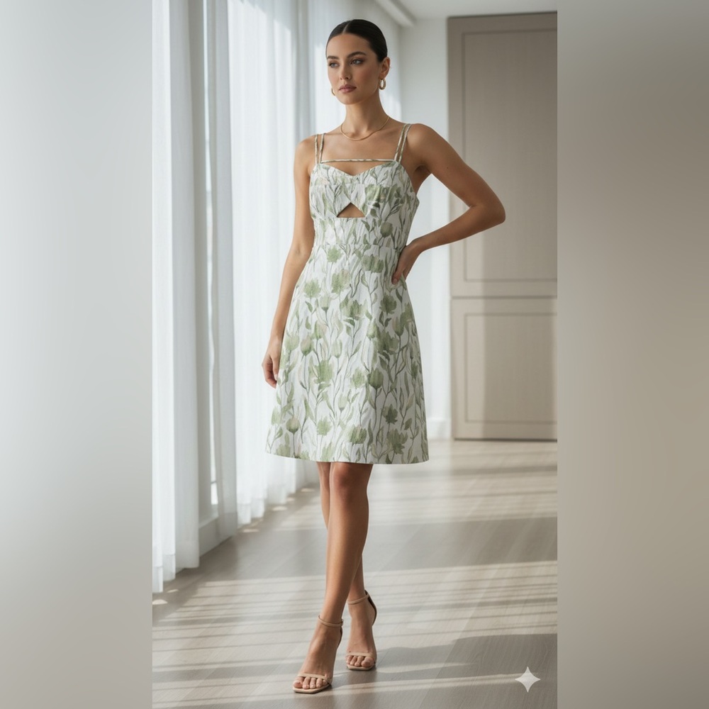 Karen Millen Green Floral Shimmer Mini Dress | Metallic Detail | Strappy